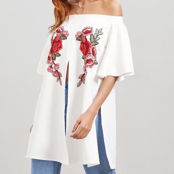 Tops - Off Shoulder Embroidered Applique Split Front Top